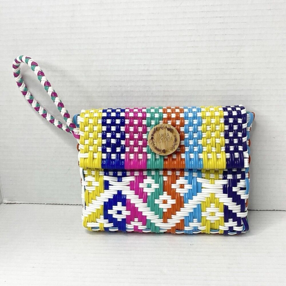 Maria Victoria Handwoven Plastic Straw Wristlet Clutch Multicolor